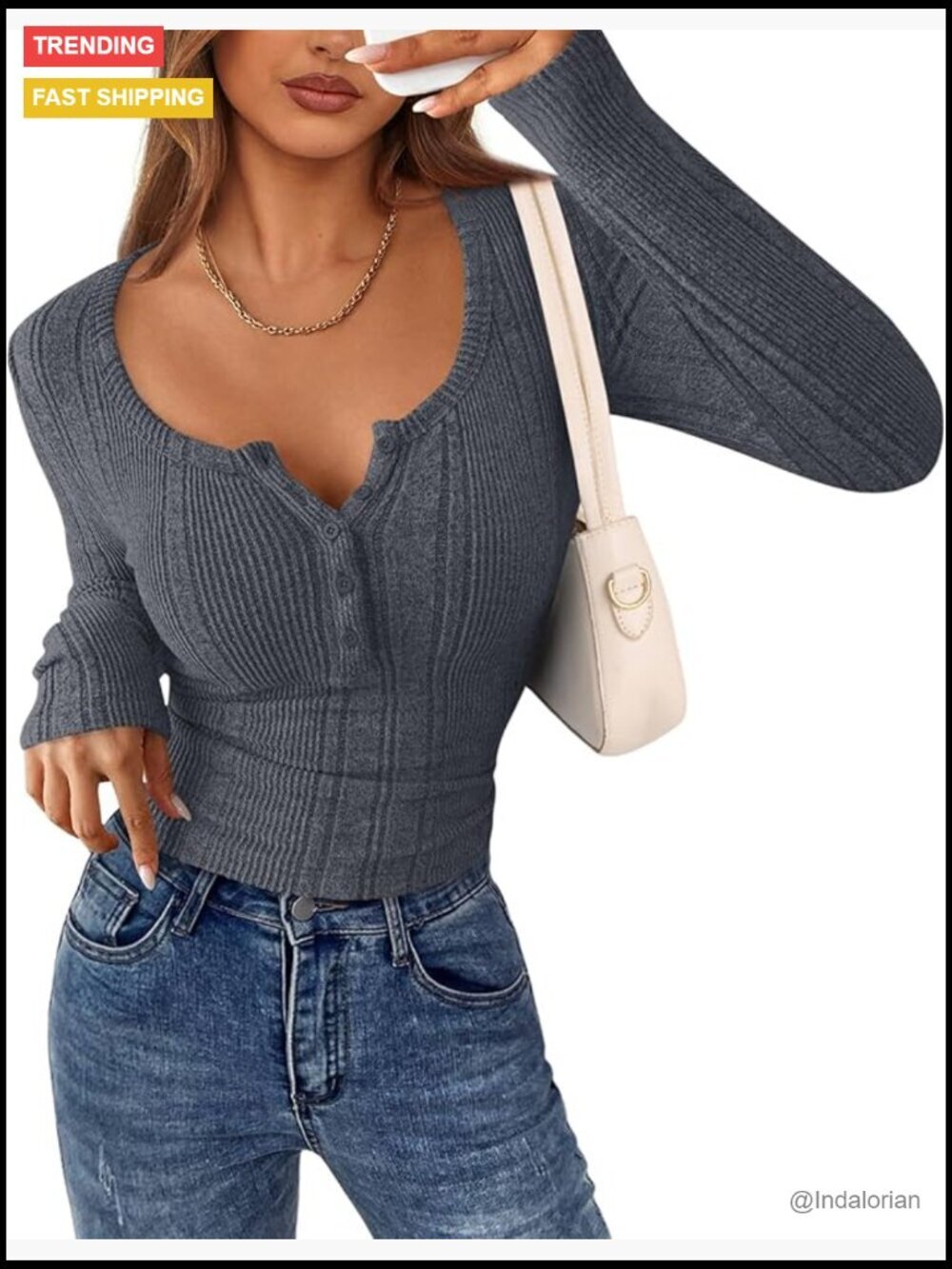 Long Sleeve Henley Shirt Ribbed Knit Stretchy Fitted Top Blouse